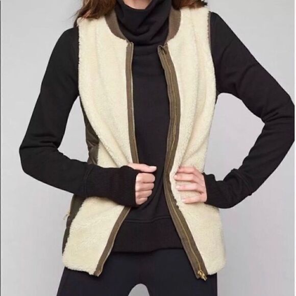 Athleta brown responsible down tundra sherpa nylon zip up vest size small - Picture 1 of 16